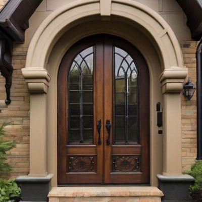 Arched Wooden Doors on Tudor Style Home
